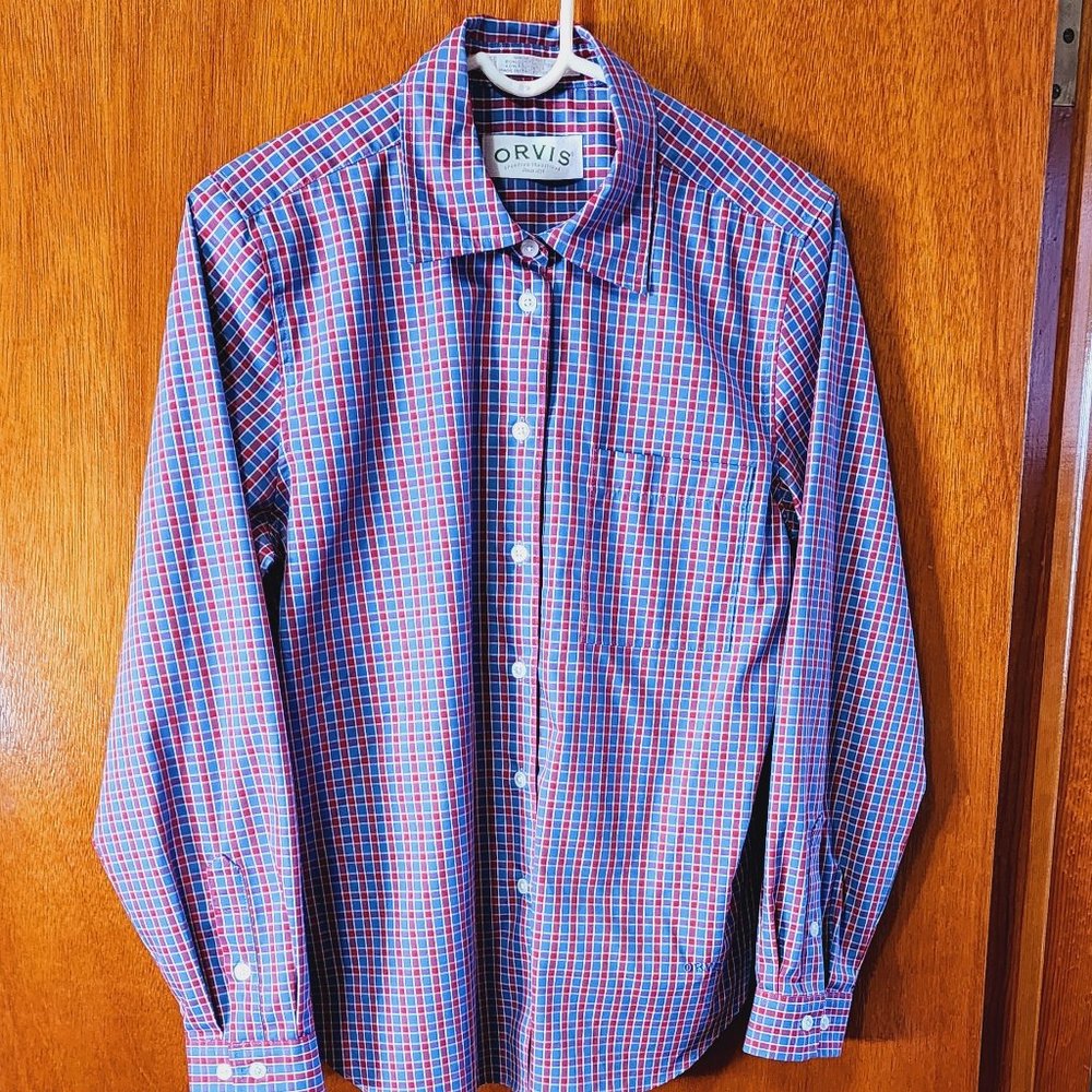 Boy's Size 10 Orvis Red/Blue Plaid Long Sleeve Button Down Dress Shirt